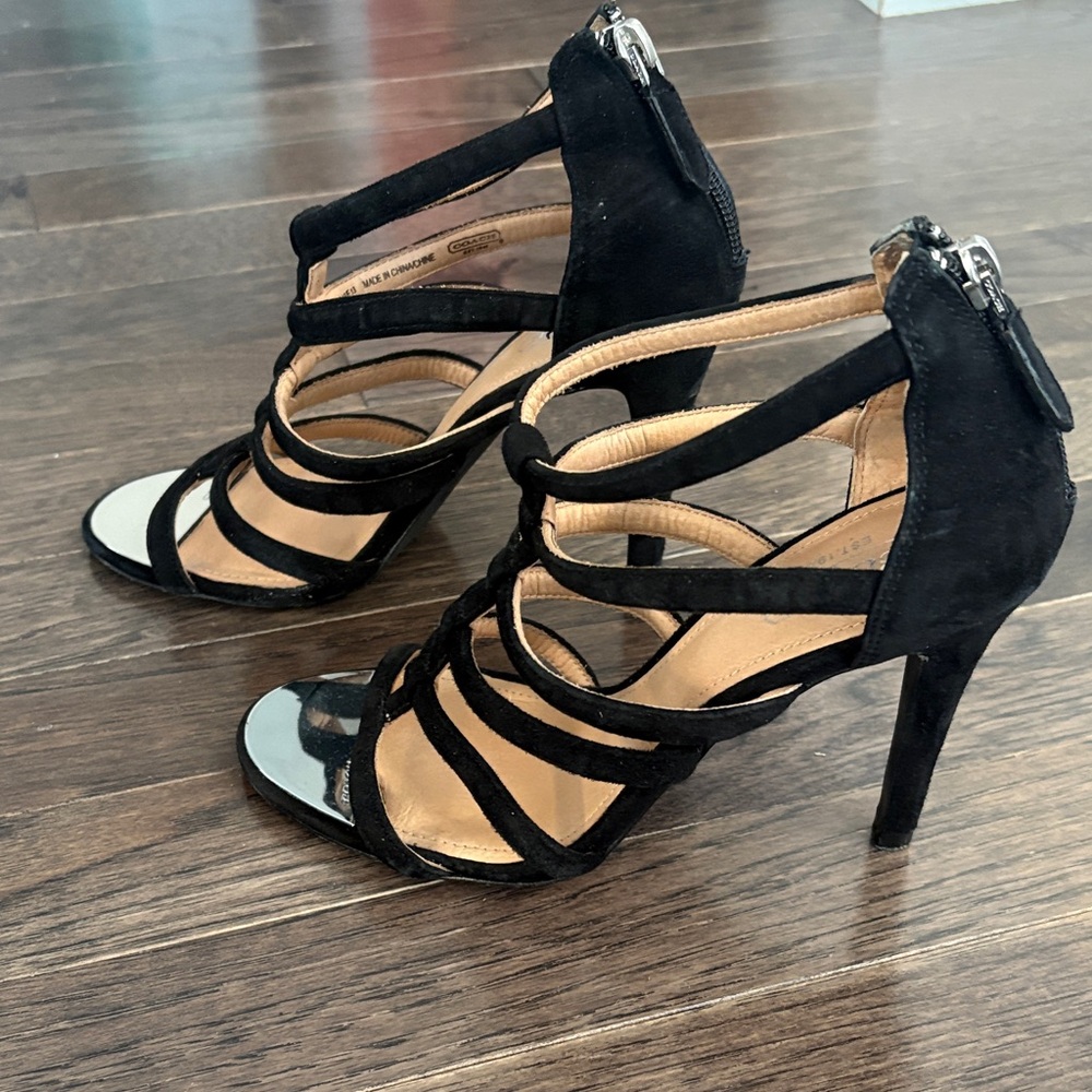 Coach Black Strappy Heels with Silver Accents-size 6